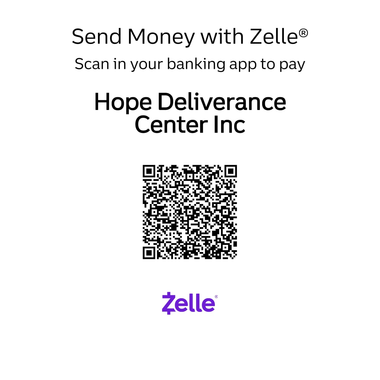 Zelle QR code for Hope Deliverance Center Inc